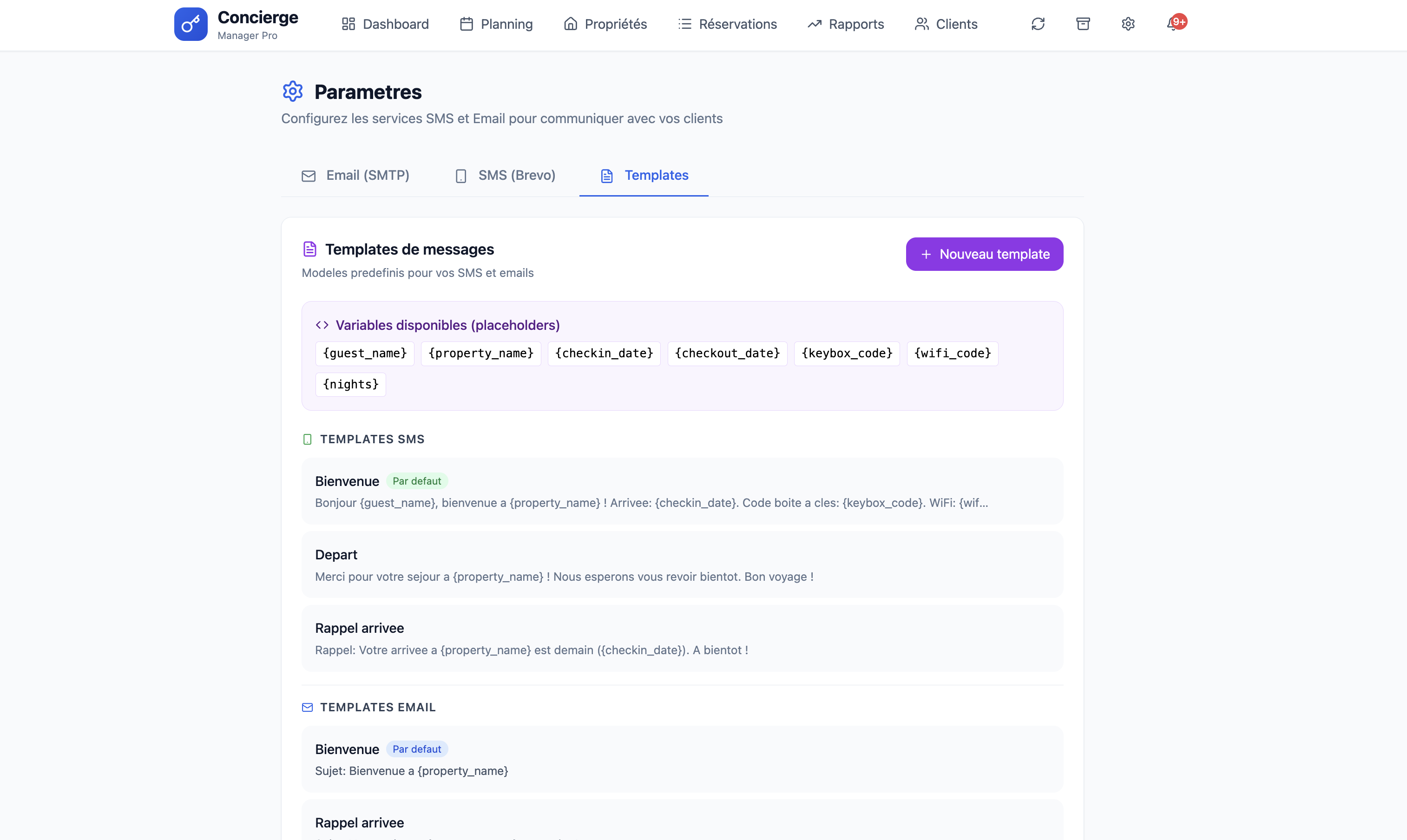 Templates mail et SMS